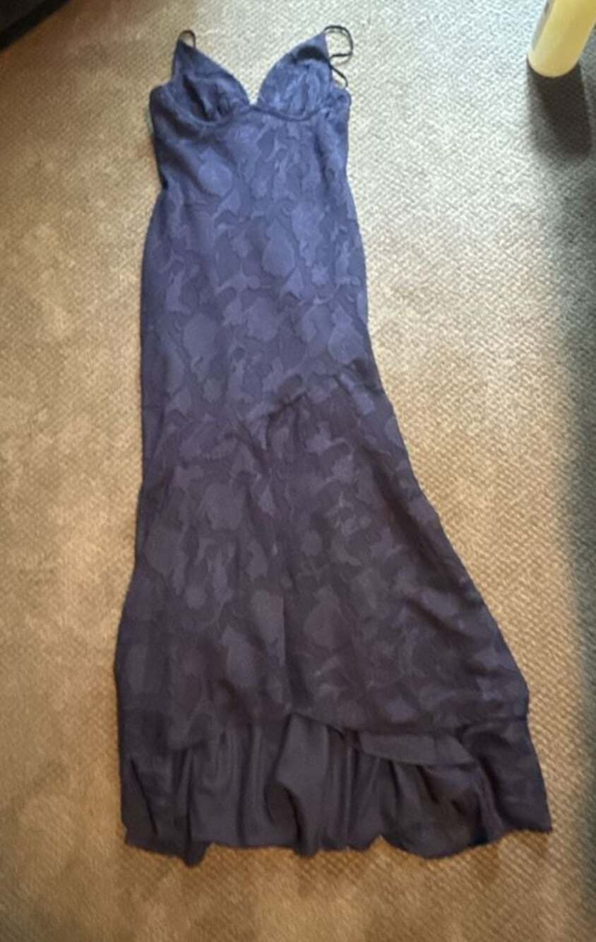 Cyrene Navy Blue Floral Maxi Dress with Ruffle Hem, Size 6